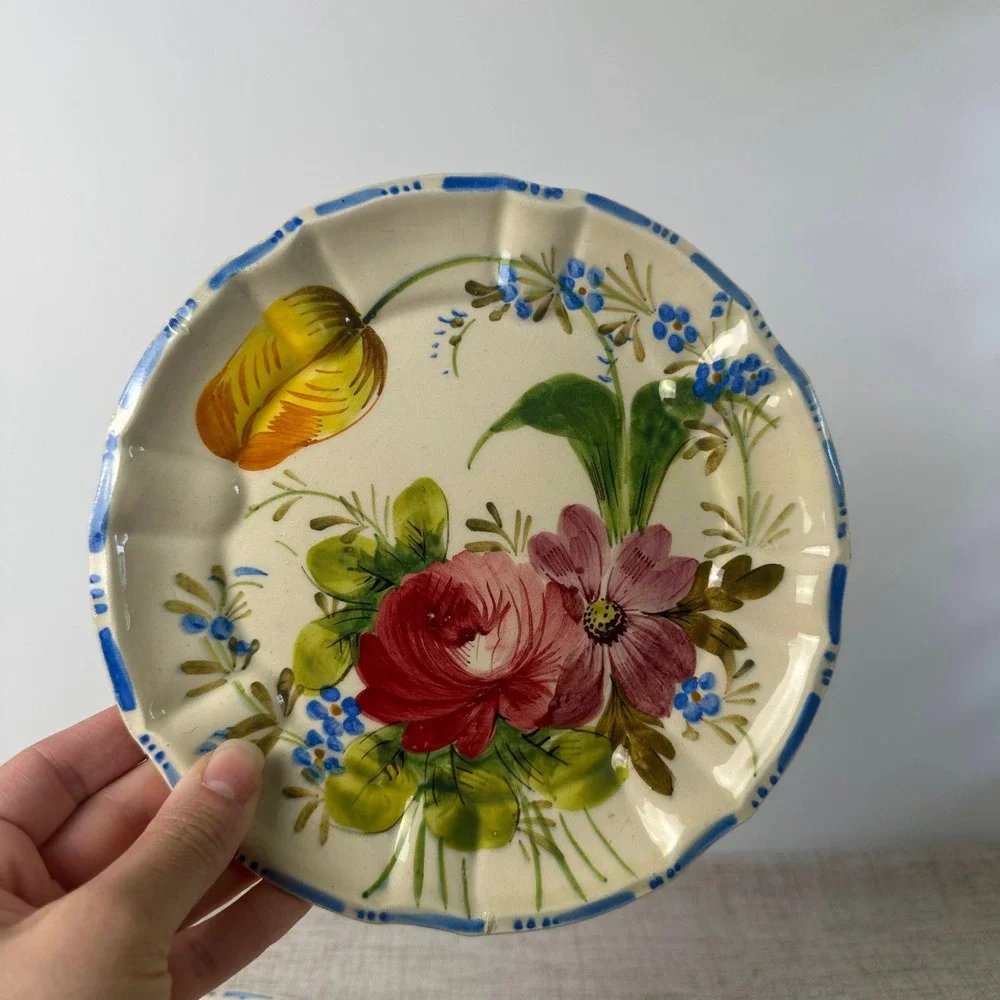 Vintage Italian Hand Painted Floral Plates | 1950s Nove Rose Style | Scalloped